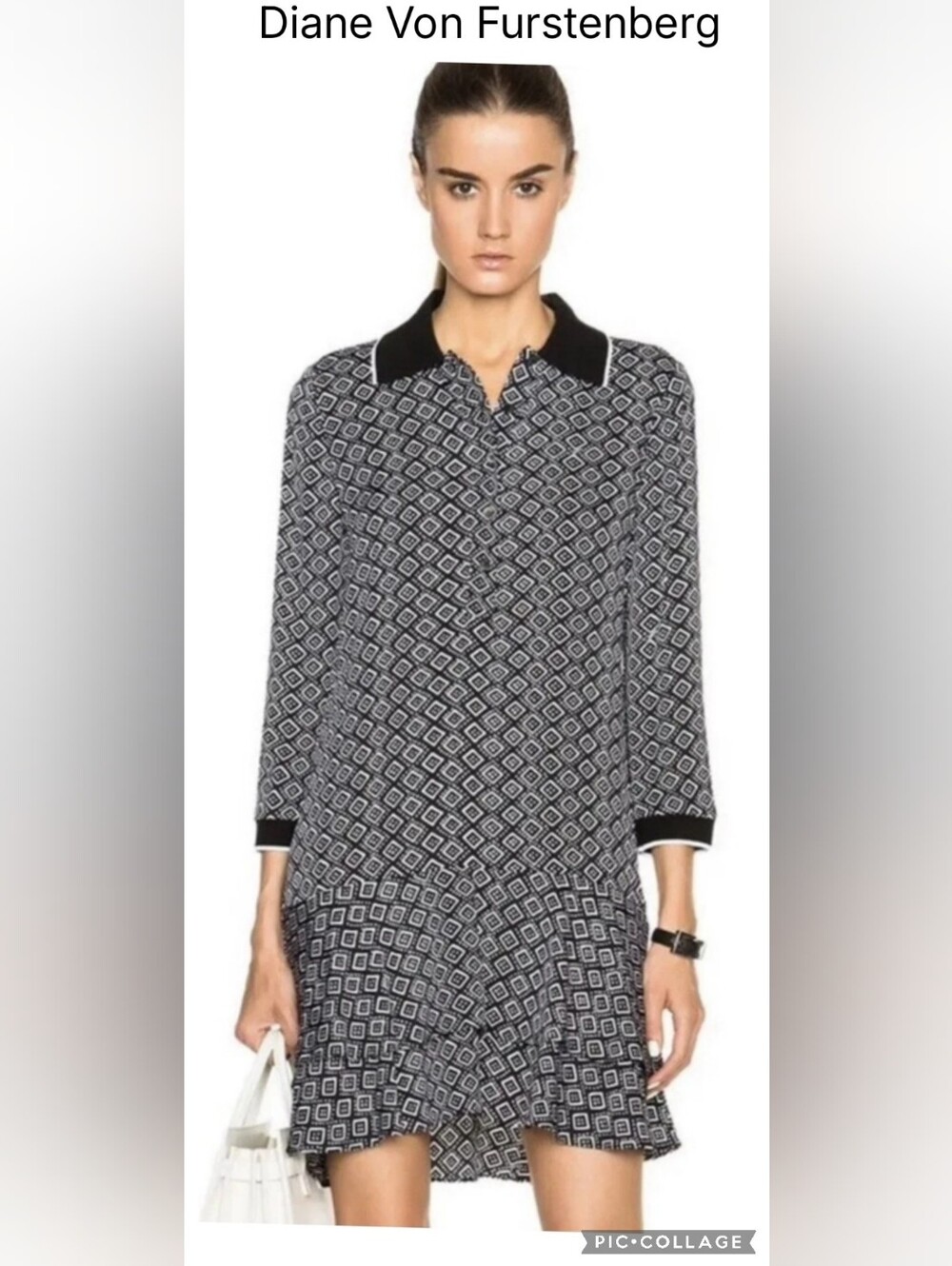NWOT Diane Von Furstenberg Black&White Silk Geometric Polo Dress- Long Sleeves 4